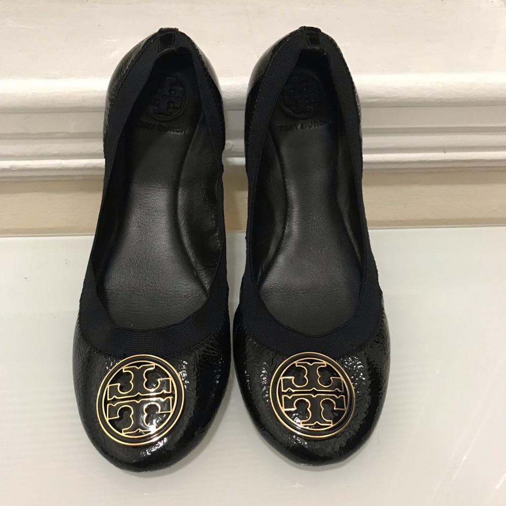 Tory Burch Black Patent Leather Flats, Gold Accent